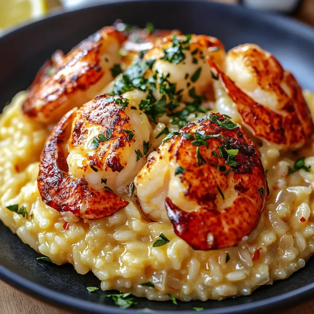 Un gros plan d’un risotto crémeux surmonté de crevettes dorées et parsemé de persil haché.