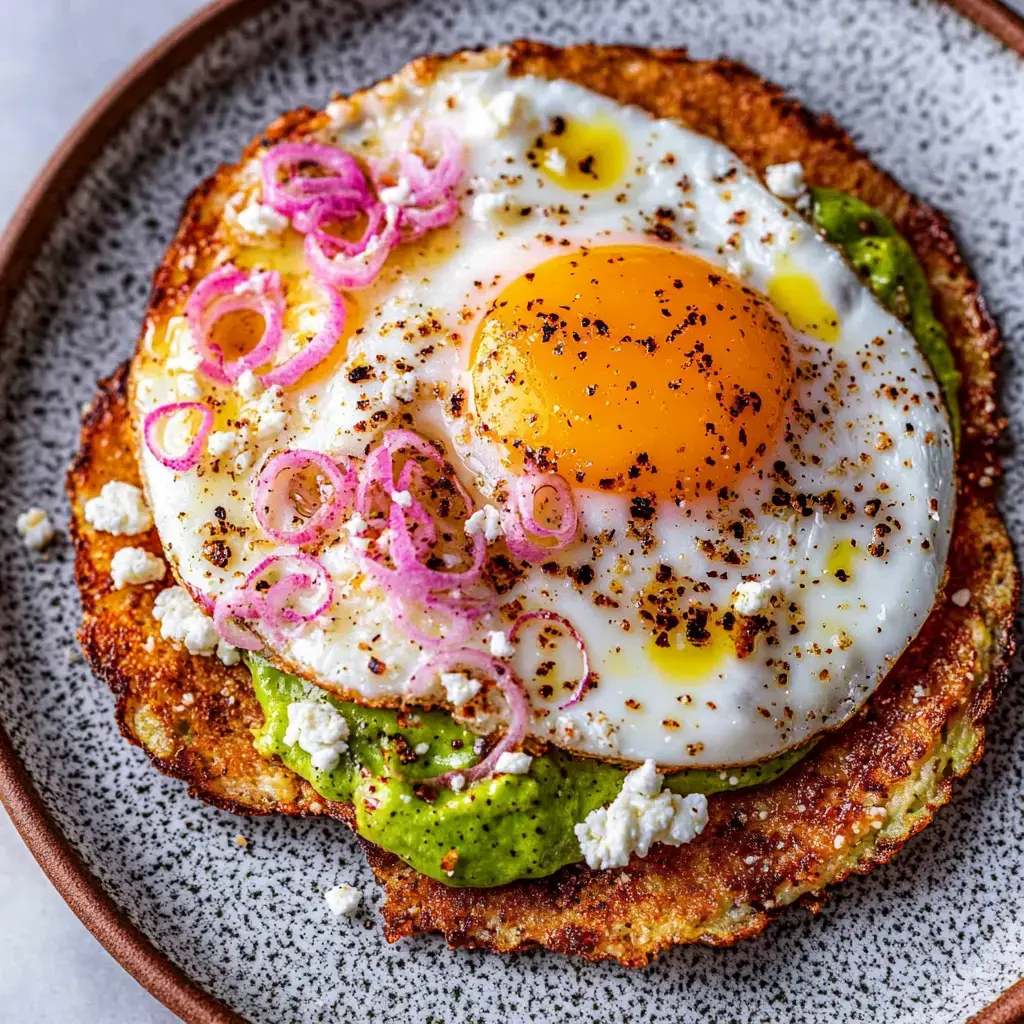 Un œuf frit doré garni d'oignons roses marinés posé sur une purée d'avocat verte avec une base croustillante, parsemé de feta émiettée et d'un filet d'huile d'olive.