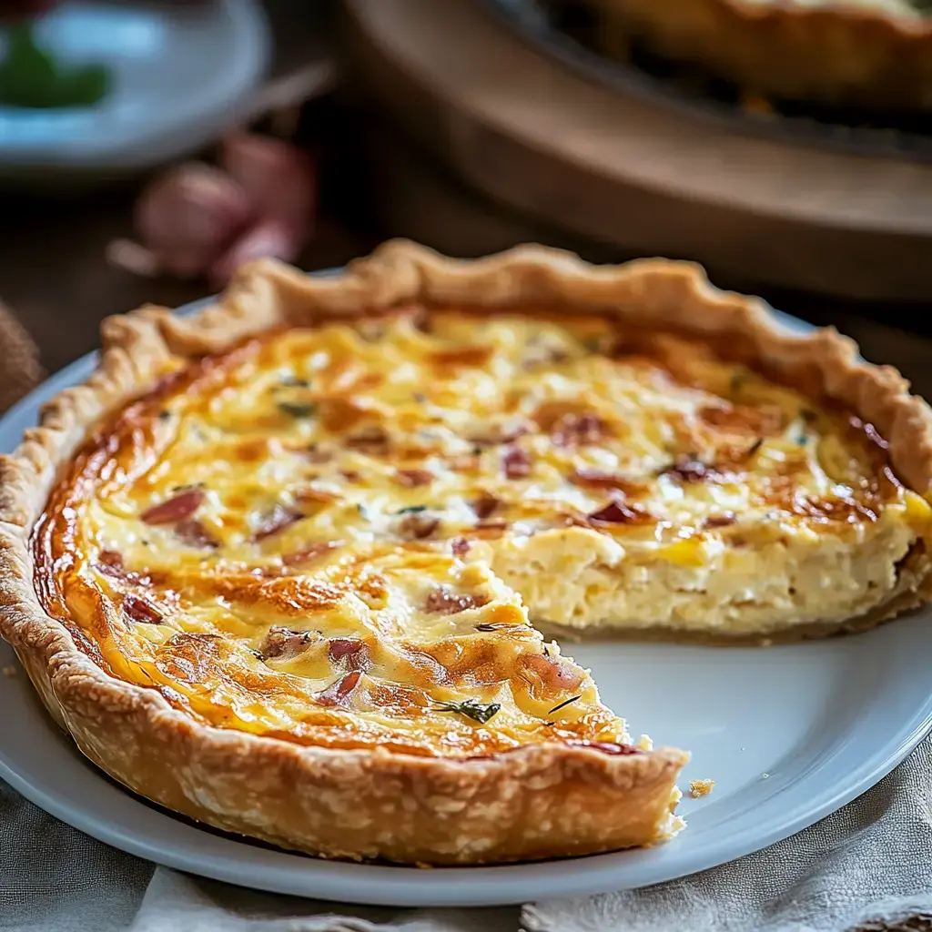 Une quiche fraîchement cuite avec une pâte dorée et une part coupée révélant une garniture crémeuse avec des morceaux de jambon et des herbes.