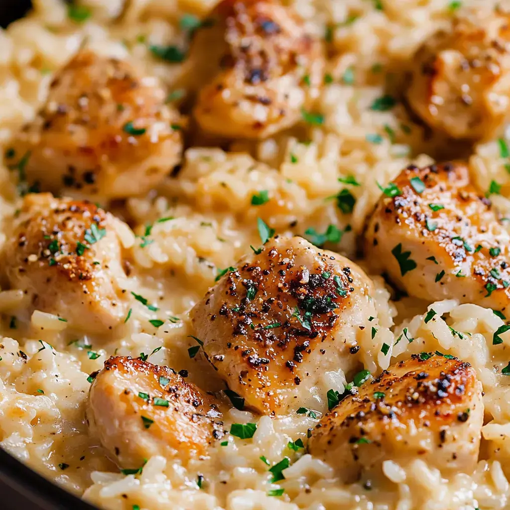Une assiette de risotto crémeux surmonté de morceaux de poulet doré et parsemé de persil frais.