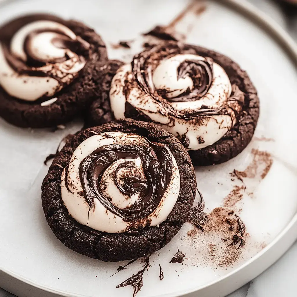 Trois biscuits chocolatés ornés de spirales blanches et d’un filet de chocolat, sur une assiette blanche avec des traces de chocolat autour.