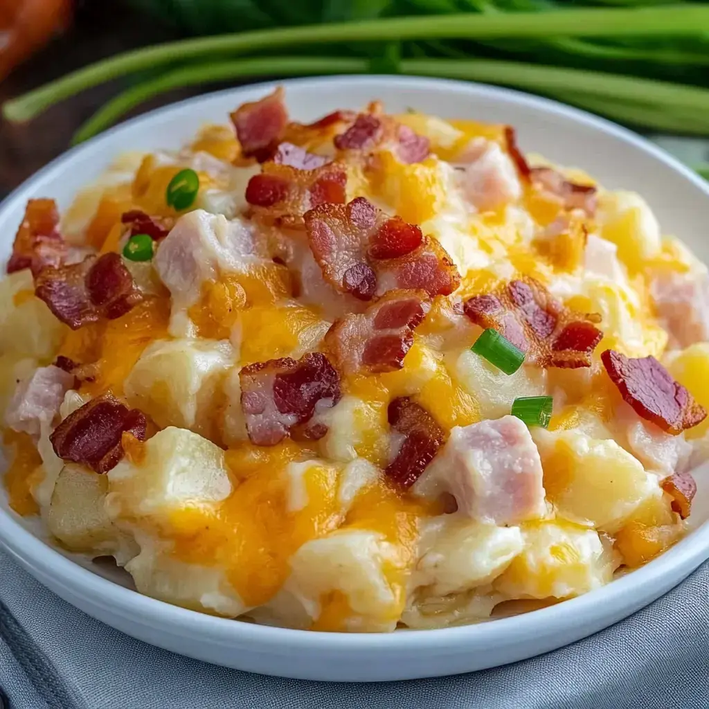 Un bol de gratin crémeux avec du cheddar fondu, bouchées croustillantes au bacon, et des oignons verts.