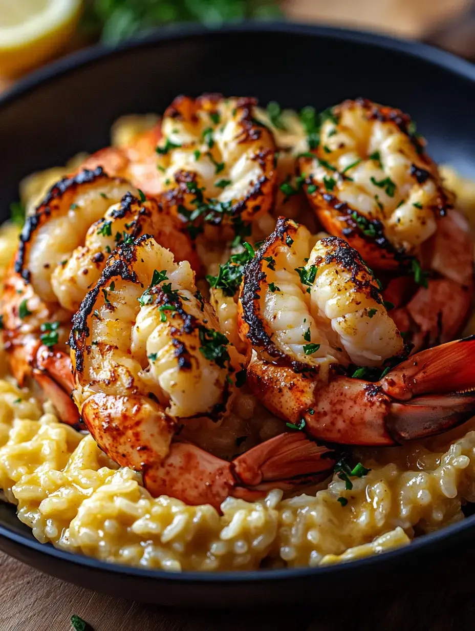 Gros plan d'un bol noir rempli de risotto crémeux garni de crevettes grillées et parsemé de persil frais.