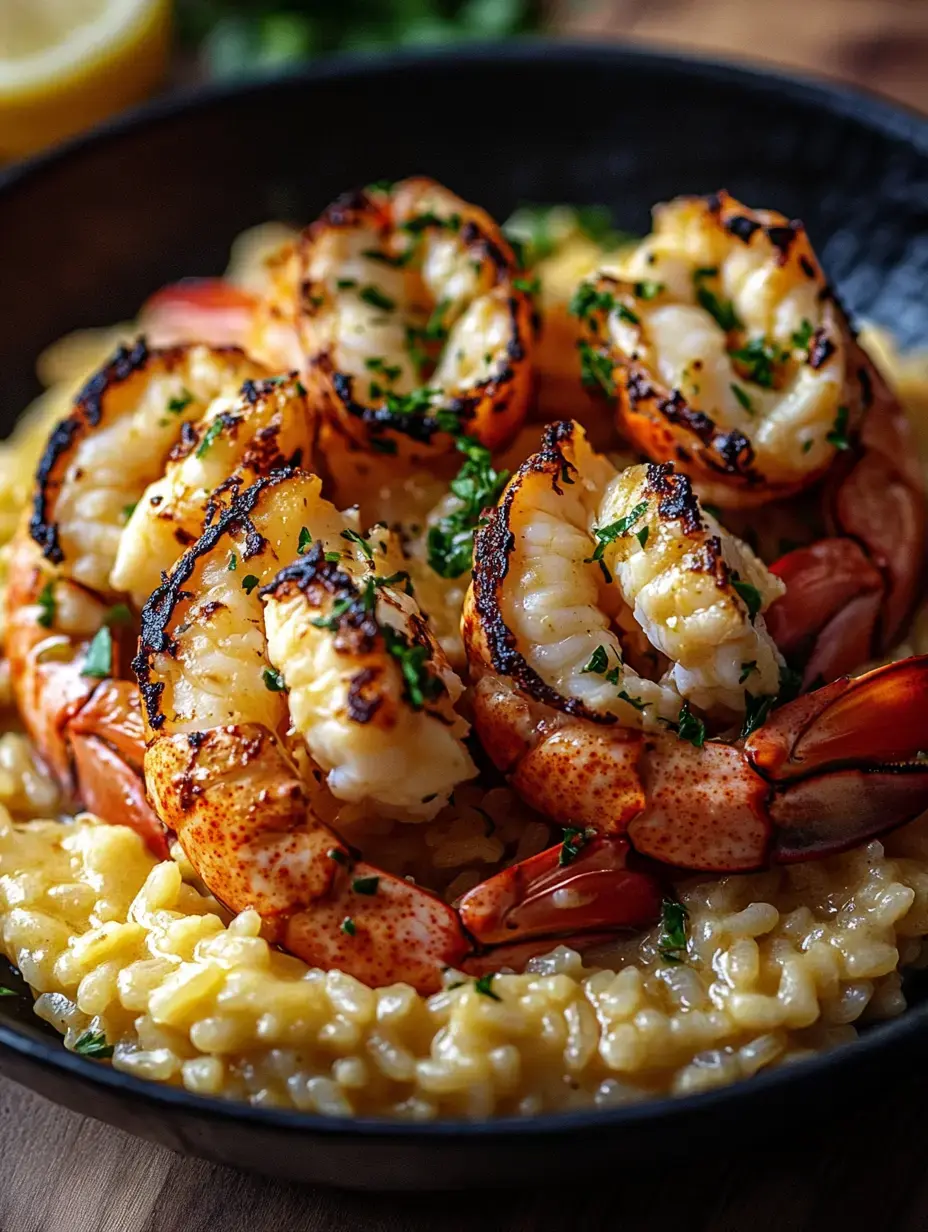 Vue rapprochée de crevettes grillées disposées sur un lit de risotto crémeux, garnies de persil.