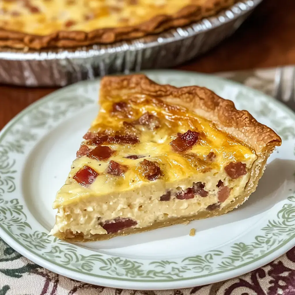 Une part de quiche cuite avec une croûte dorée, garnie d'œufs et de morceaux de lardons, servie sur une assiette décorative.