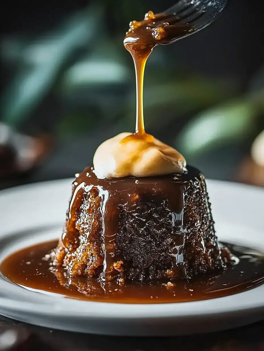 Un pudding au caramel chaud nappé de sauce et garni d'une cuillerée de crème sur une assiette blanche.