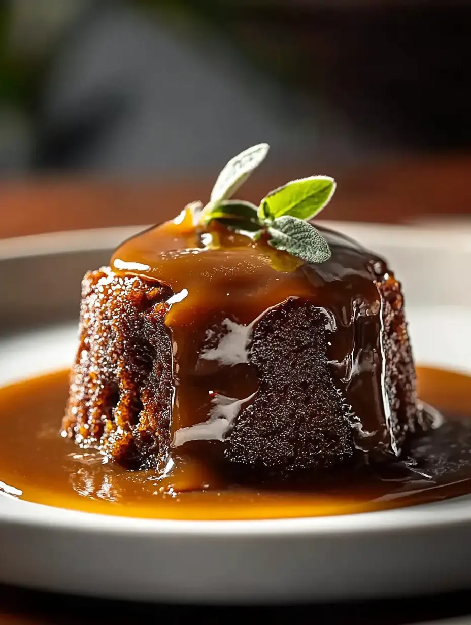 Un dessert moelleux au chocolat nappé de sauce caramel et garni d'un brin d'herbe fraîche sur une assiette.