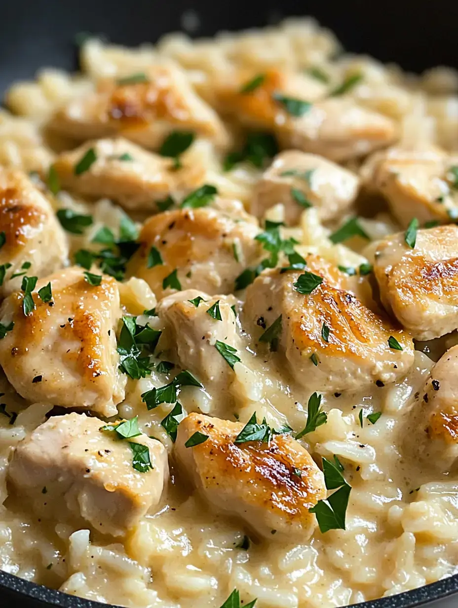 Gros plan d'une poêle remplie de poulet crémeux et riz, garnie de persil frais.