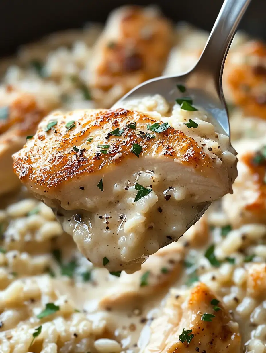 Gros plan d'une cuillerée de risotto crémeux avec un morceau de poulet sauté, garni d'herbes.