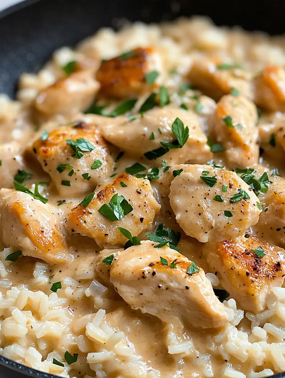 Une poêle remplie de morceaux de poulet tendre dans une sauce crémeuse, servie sur du riz et garnie de persil frais.