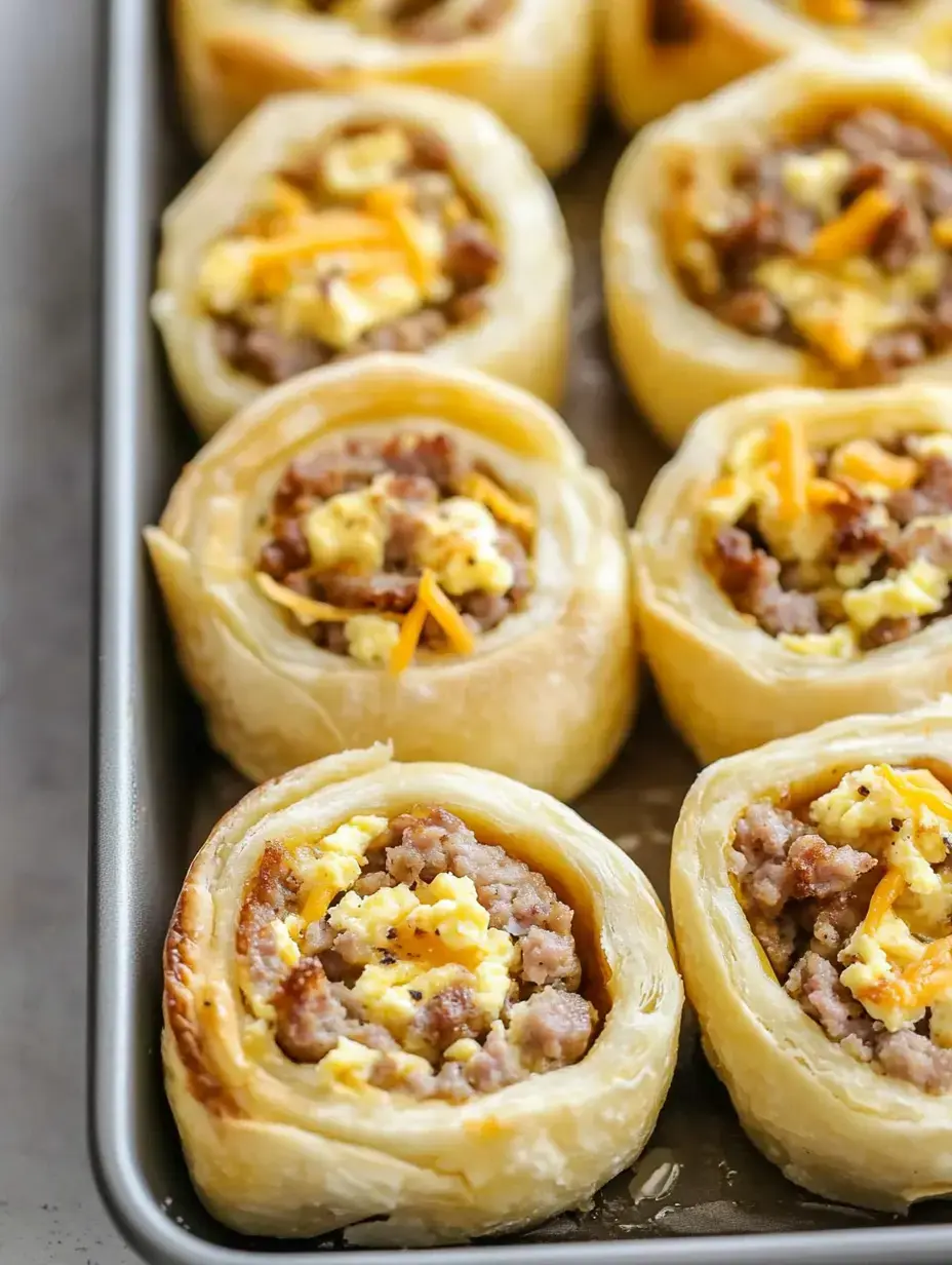 Gros plan sur des petits pains cuits garnis de saucisse, œufs brouillés et fromage, disposés dans un plat de cuisson.