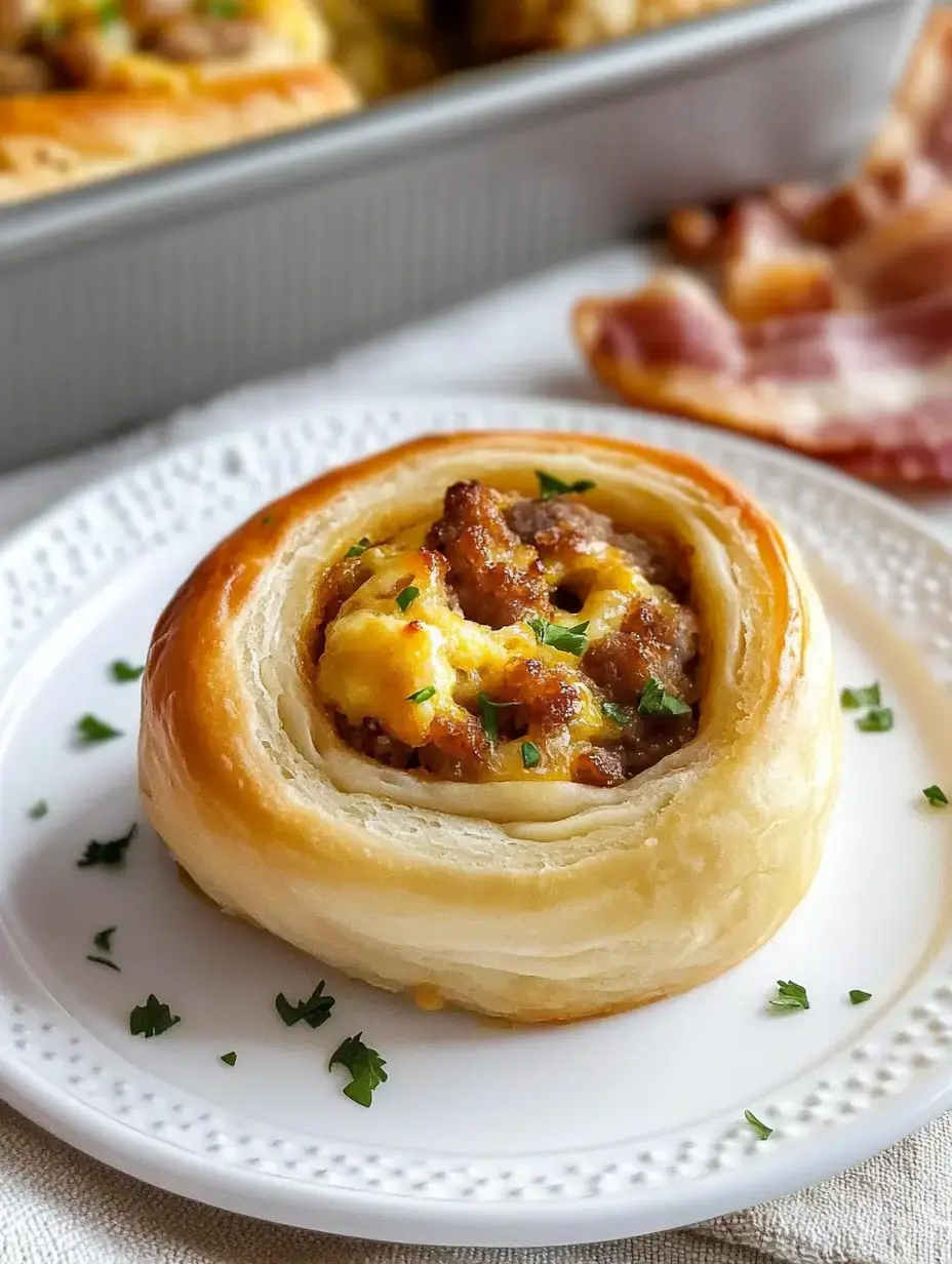 Une pâtisserie feuilletée garnie de saucisse, fromage et décorée de persil posée sur une assiette décorative.