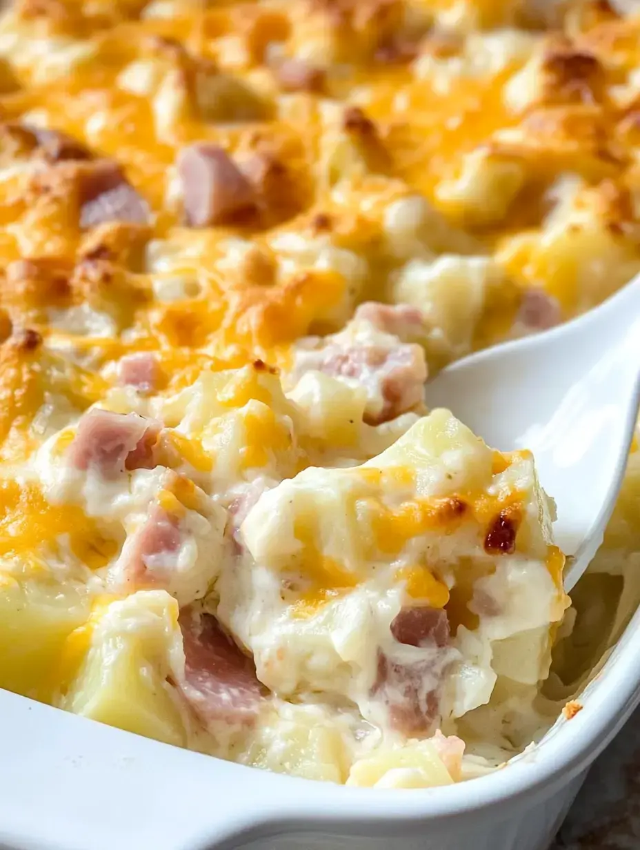 Un gratin crémeux de pommes de terre et jambon nappé de fromage fondu.