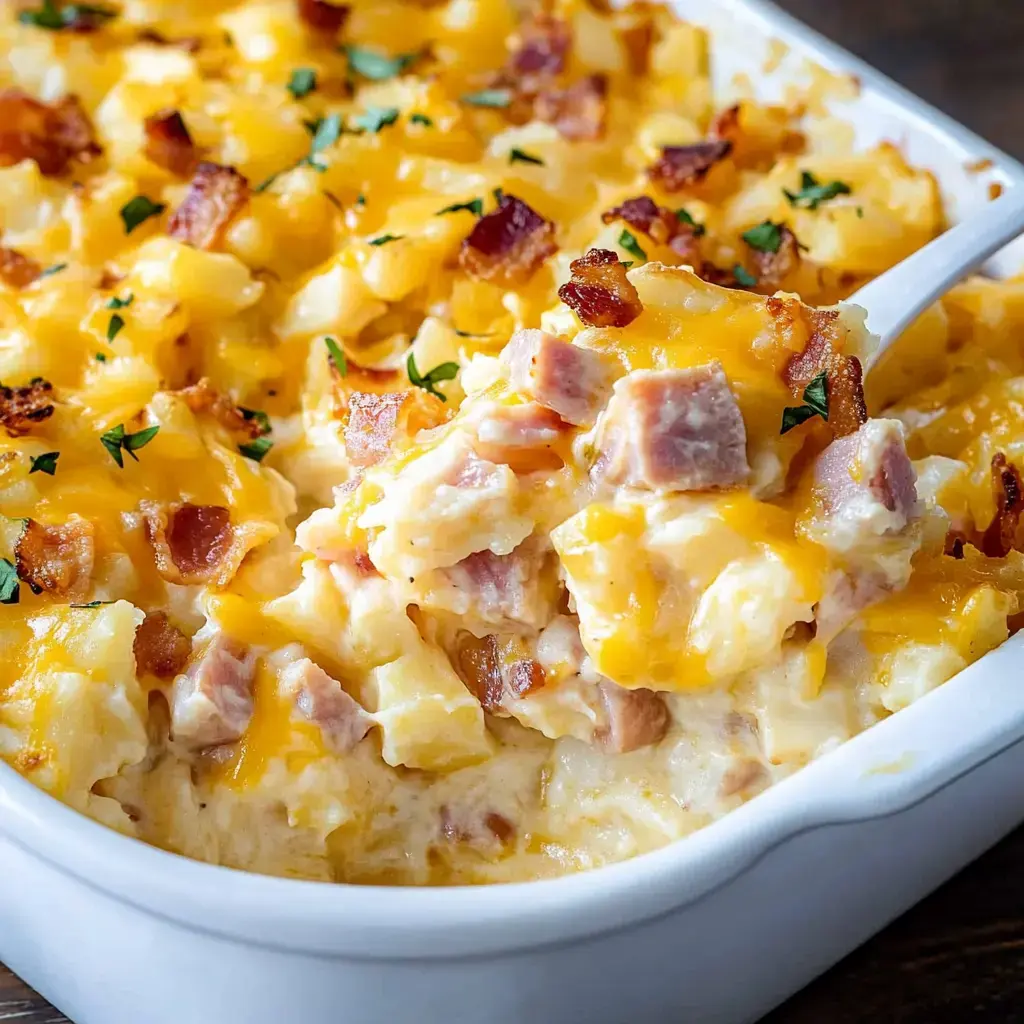 Un gratin crémeux avec des pommes de terre en dés, du jambon, du fromage et des lardons croustillants, garni de persil.