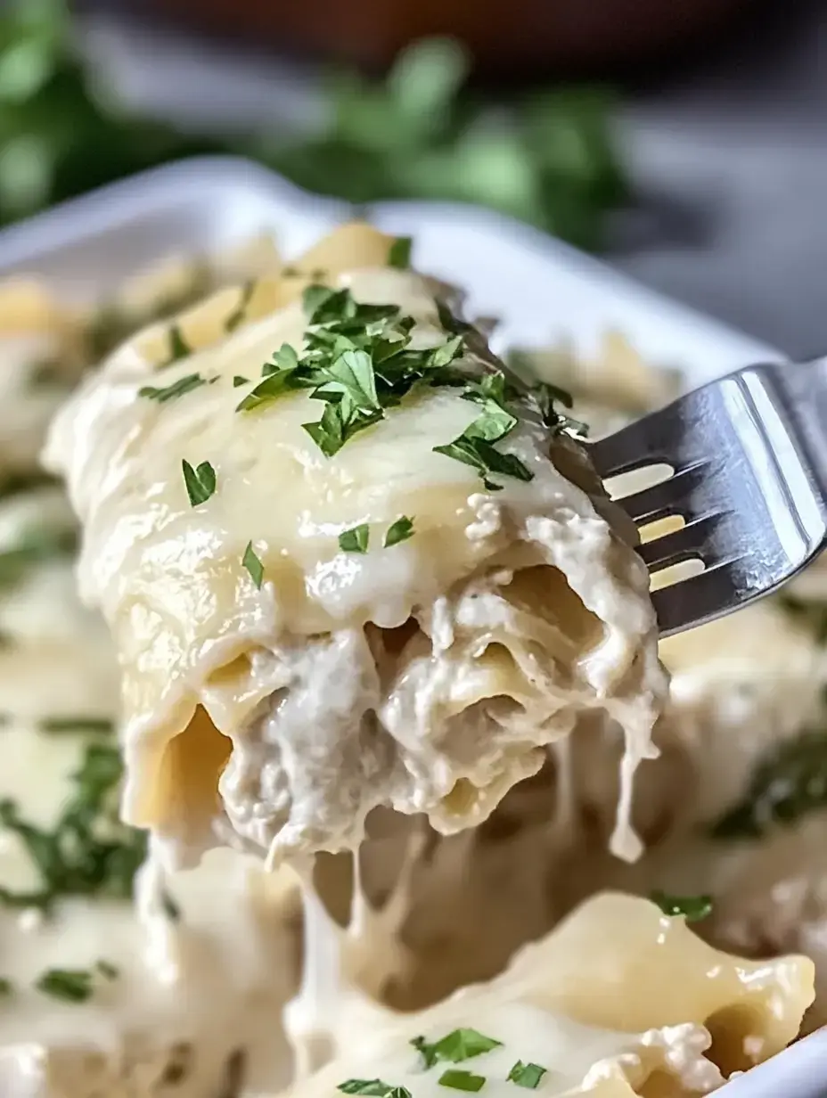 Une fourchette soulève des pâtes farcies crémeuses et fromagées parsemées de persil.