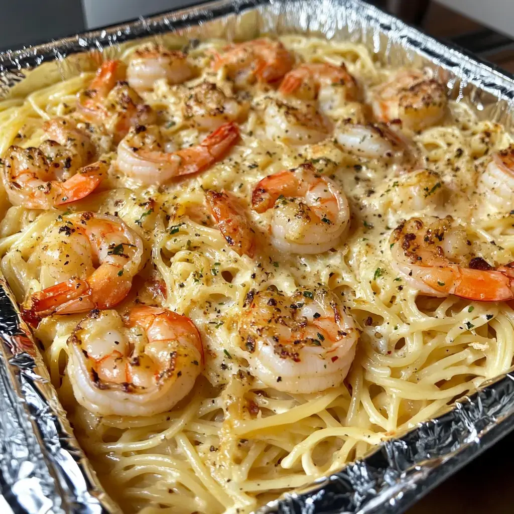 Un zoom sur un plat de linguine garnies de crevettes dorées et nappées d'une sauce crémeuse, le tout agrémenté d'herbes.