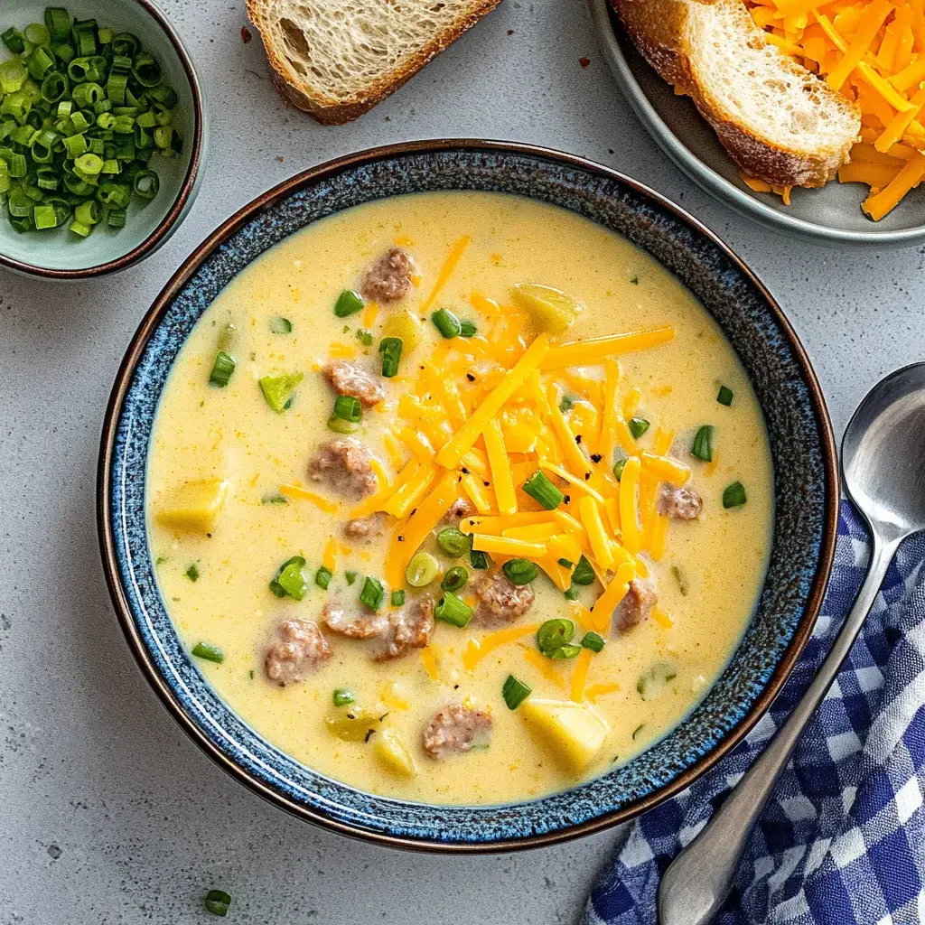 Un bol de soupe crémeuse, garni de fromage râpé et d'oignons verts, accompagné de tranches de pain et d'un petit bol d'oignons verts ciselés.