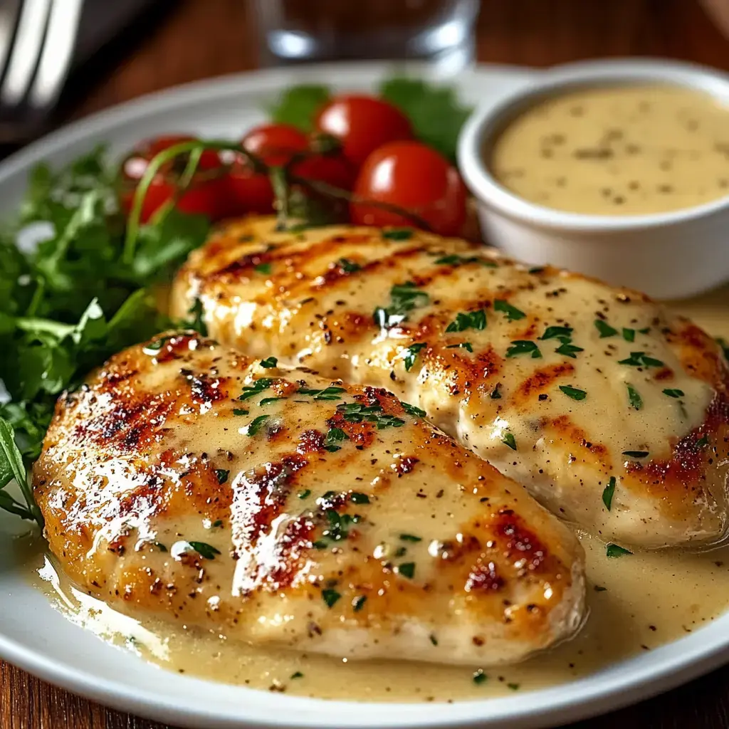 Filets de poulet grillés servis avec une sauce crémeuse, décorés de persil, accompagnés de tomates cerises et de verdures fraîches sur une assiette blanche.