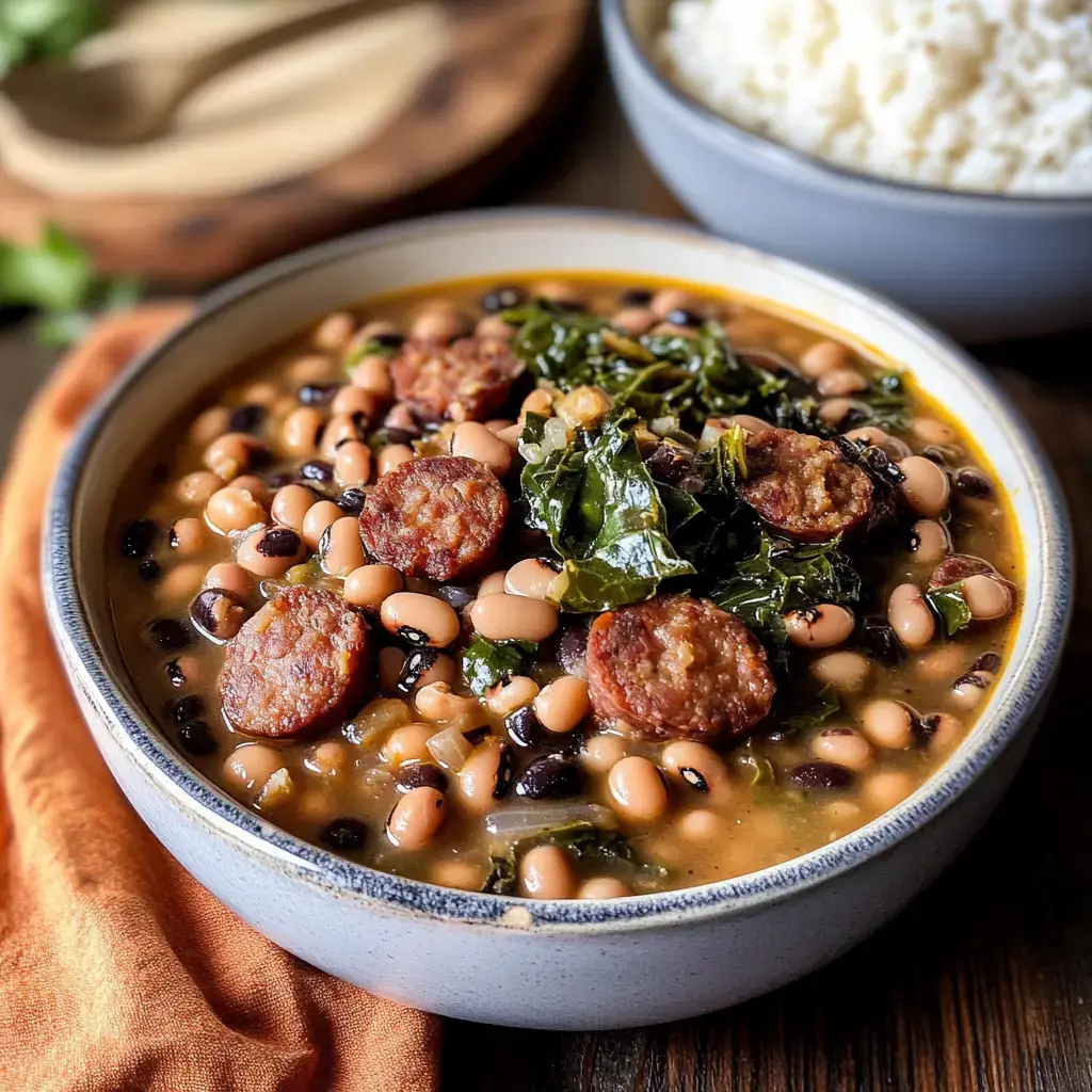 Un bol de soupe copieuse avec des haricots noirs, des pois blancs, des tranches de saucisse et des légumes verts, servi avec du riz blanc.
