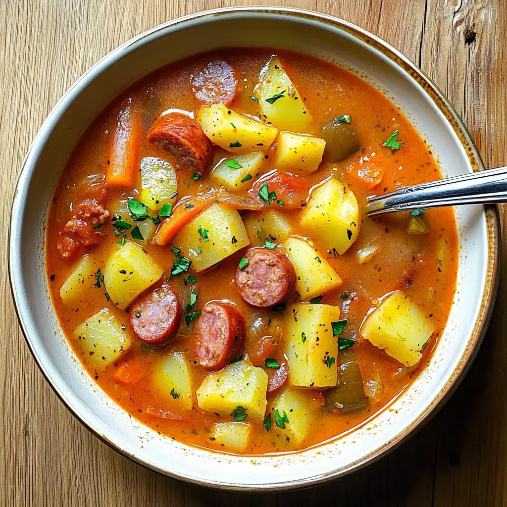 Un bol de soupe généreuse avec saucisse et pommes de terre, garni de persil, morceaux de pommes de terre, carottes et rondelles de saucisse dans un bouillon riche.