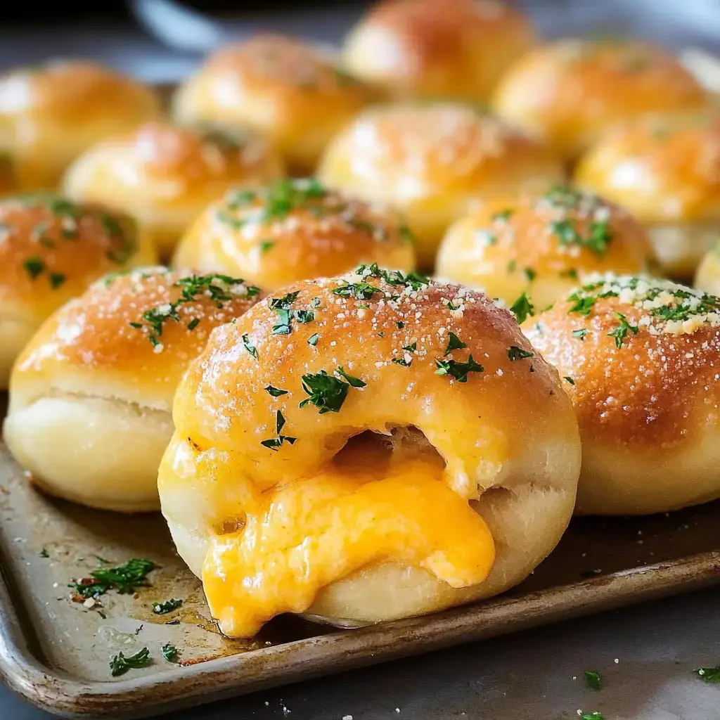 Plateau de petits pains dorés et garnis de persil, dévoilant du fromage fondant.