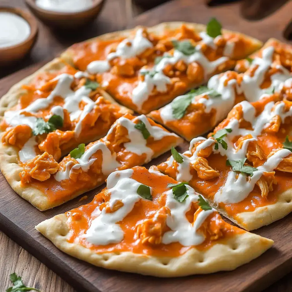 Un plateau en bois avec des tranches de naan garnies de sauce orange, de poulet émietté, de filets de sauce blanche et de coriandre.