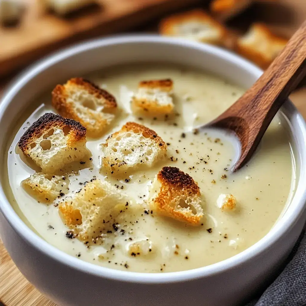Un bol de soupe crèmeux avec des croûtons grillés et une cuillère en bois à côté.