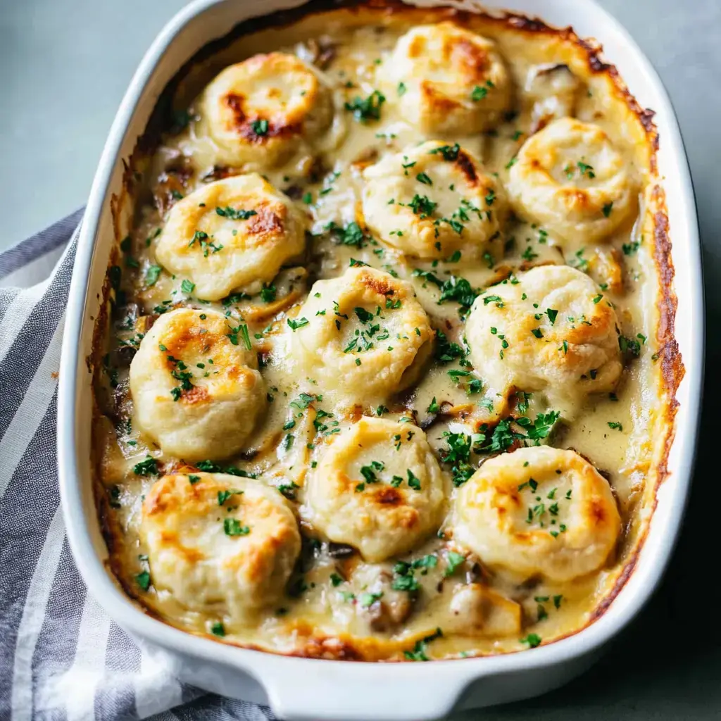 Un plat gratiné avec des morceaux dorés reposant sur une sauce crémeuse, saupoudré de persil haché.