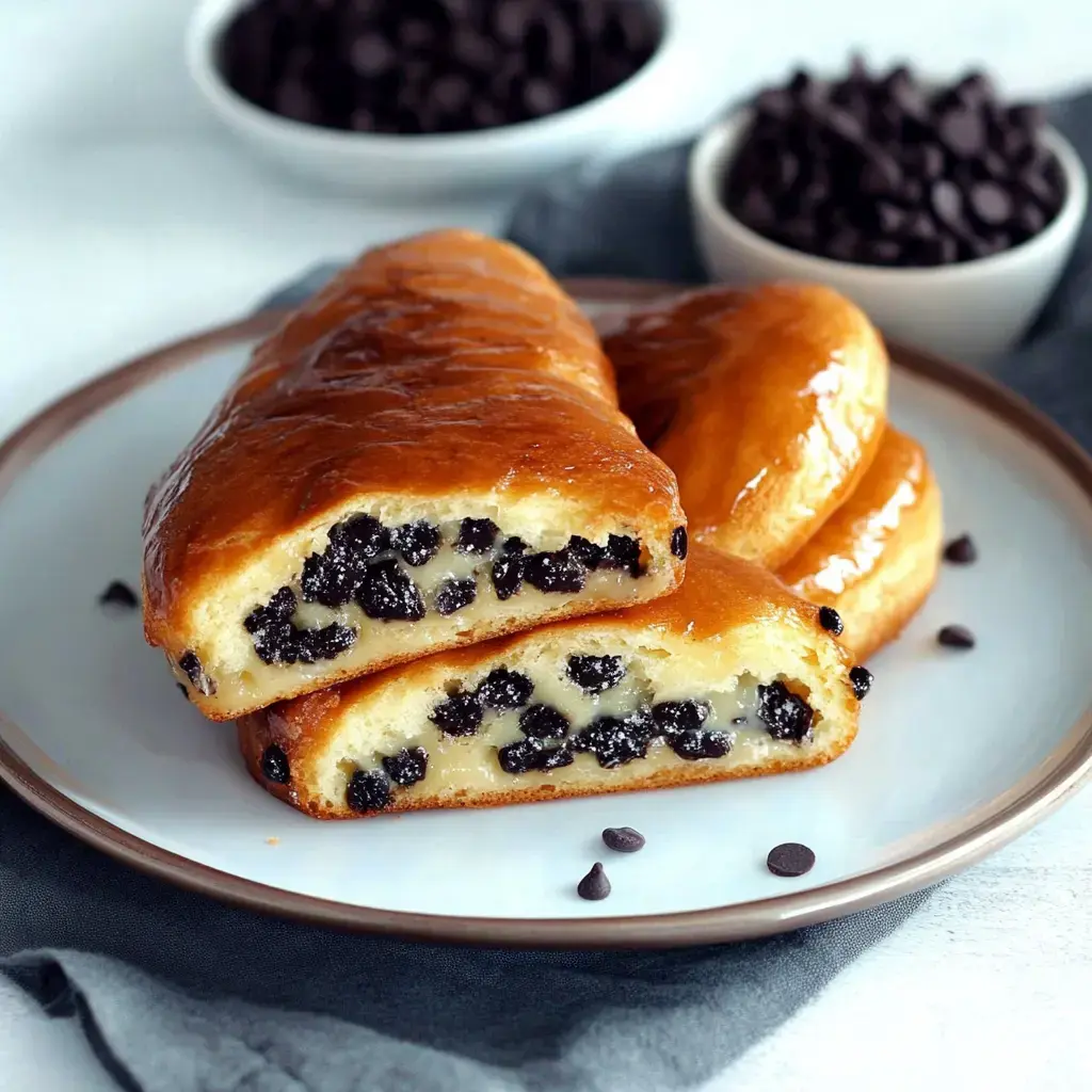 Gros plan sur des brioches garnies de pépites de chocolat et glacées, avec des pépites de chocolat autour.
