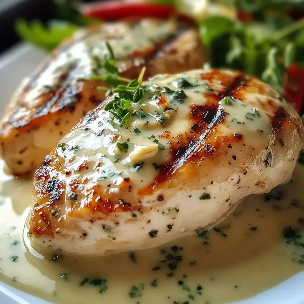 Filets de poulet grillés nappés d'une sauce crémeuse aux herbes, servis avec des légumes frais.