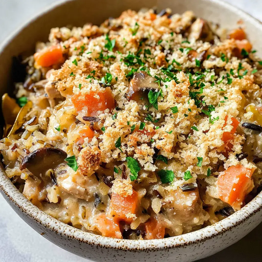 Un plat crémeux au riz garni de chapelure croustillante, herbes et légumes en dés.