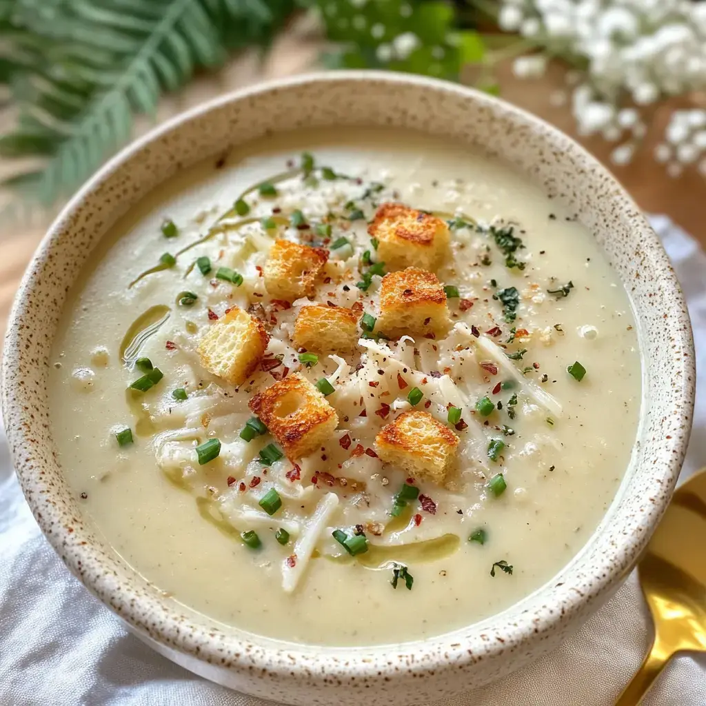 Un bol de soupe onctueuse garni de croûtons, d'oignons verts et d'une touche de piment rouge.