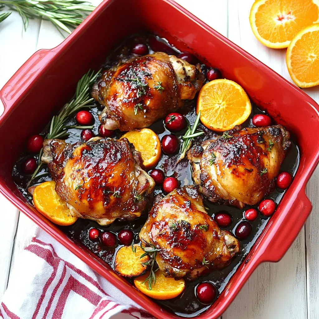 Un plat rouge avec des cuisses de poulet glacées, entourées de tranches d'orange, de cranberries et de romarin frais.