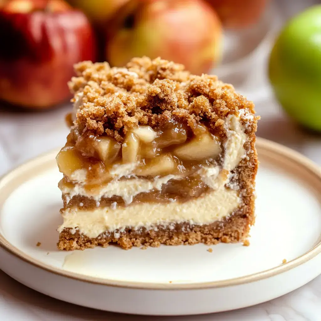 Part de cheesecake pomme et crumble avec streusel croquant, accompagnée de pommes en fond.