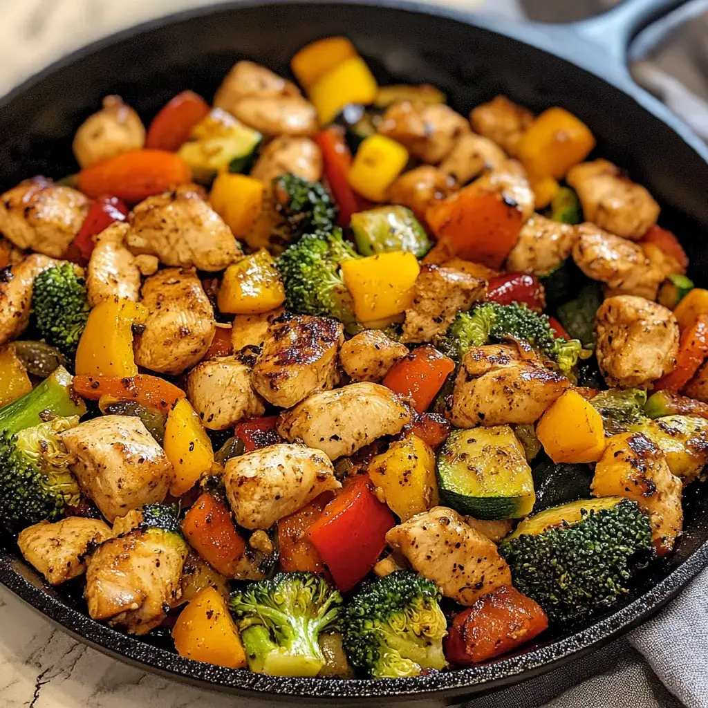 Une poêle remplie de morceaux de poulet assaisonnés et de légumes colorés, comme des poivrons, du brocoli et des courgettes.