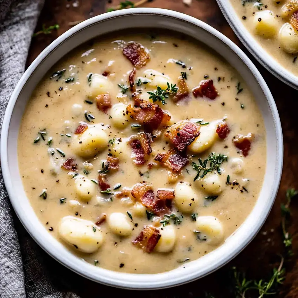 Un bol de soupe crémeuse avec gnocchis, morceaux de bacon croustillants et thym, parsemé de poivre noir.