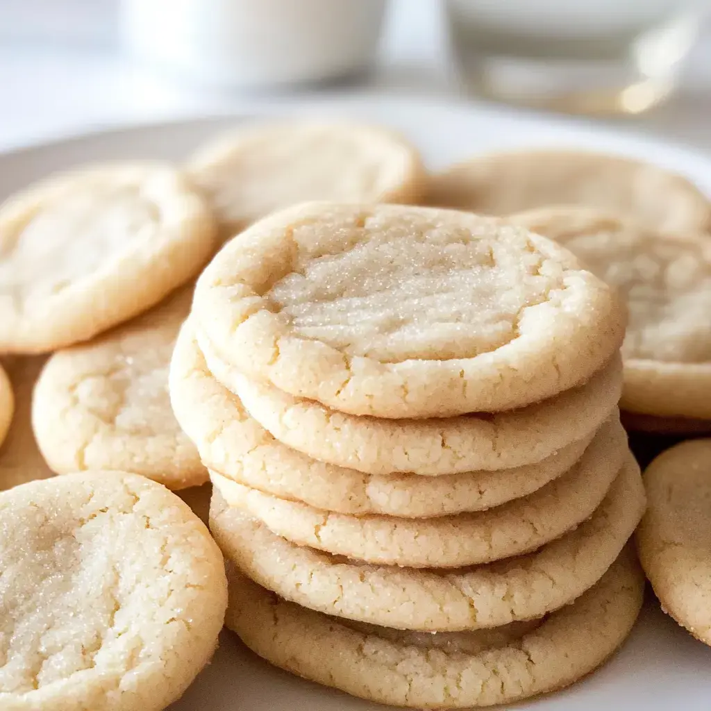 Une pile de biscuits dorés et enrobés de sucre se trouve sur une assiette, avec d'autres biscuits éparpillés et un verre de lait au fond.