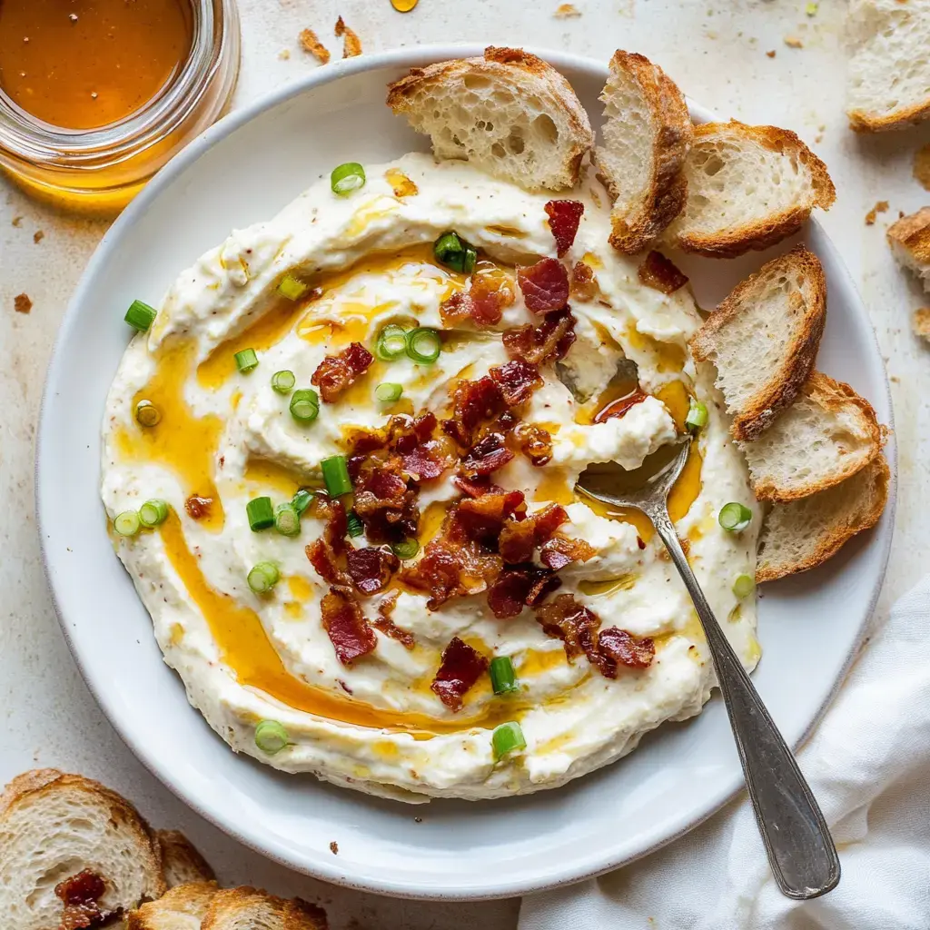 Un bol de crème onctueuse surmontée de lardons, oignons verts et huile d’olive, accompagné de tranches de pain grillé.