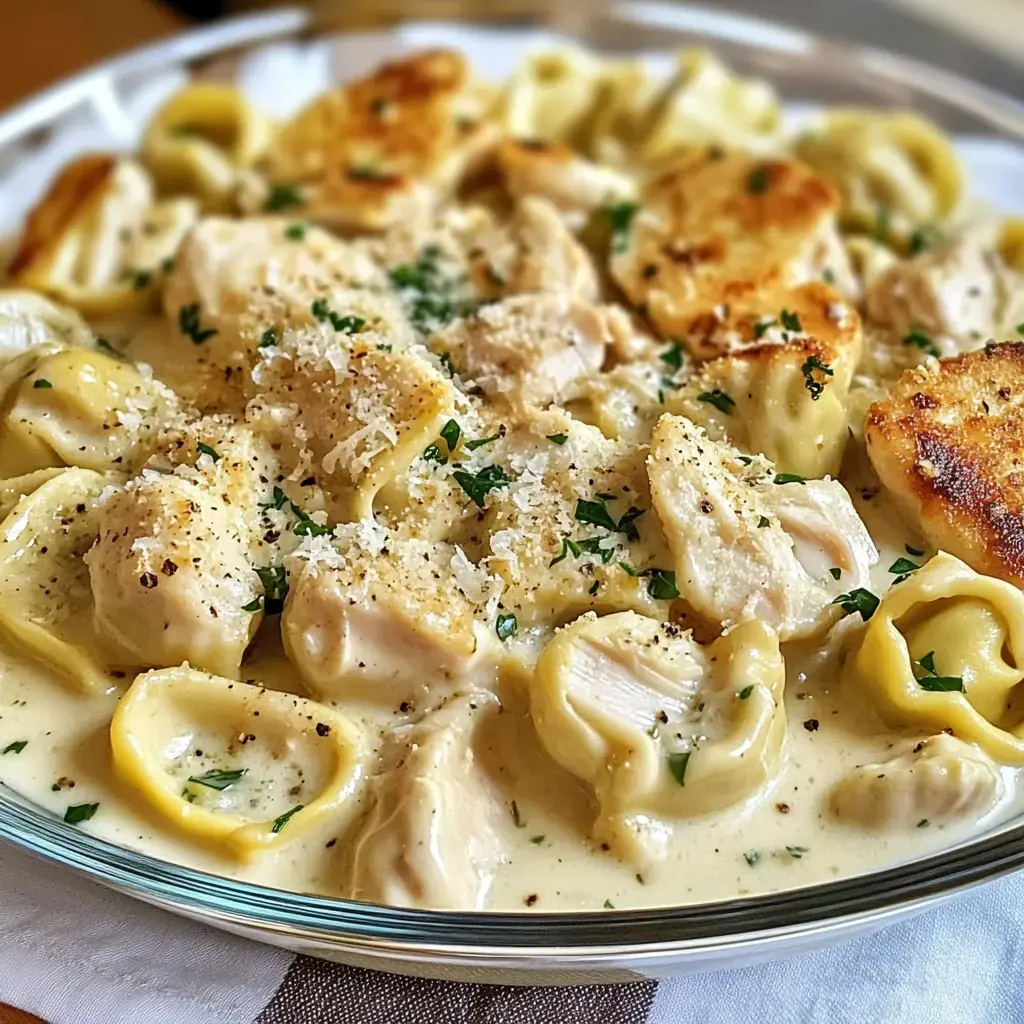 Un plat crémeux de pâtes avec tortellini, morceaux de poulet, persil et fromage râpé.