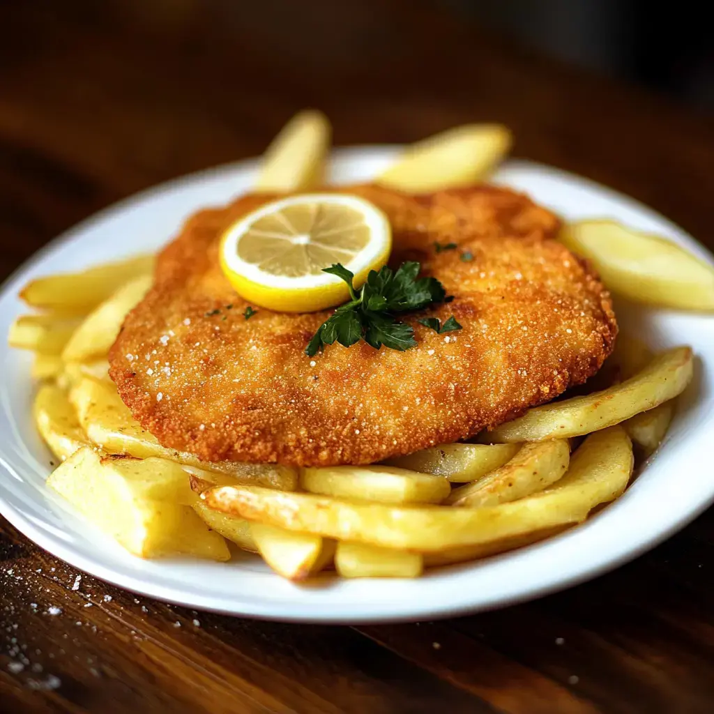 Un filet pané doré avec une tranche de citron et du persil, servi sur un lit de frites épaisses.