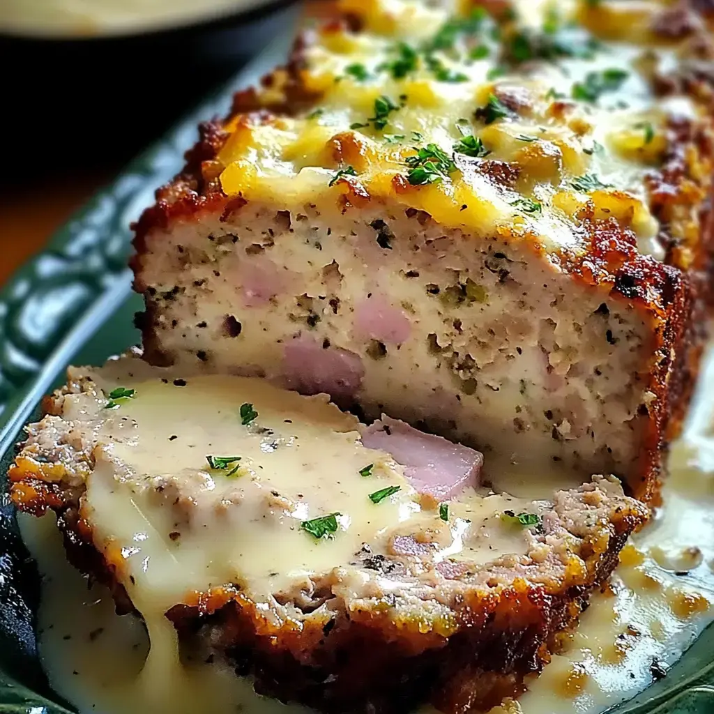 Un pain de viande tranché nappé de sauce crémeuse et garni de persil, mettant en valeur sa texture et ses ingrédients.