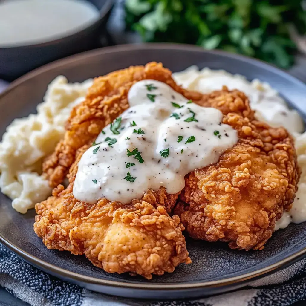 Une assiette de poulet croustillant nappé de sauce crémeuse, accompagnée de purée moelleuse.