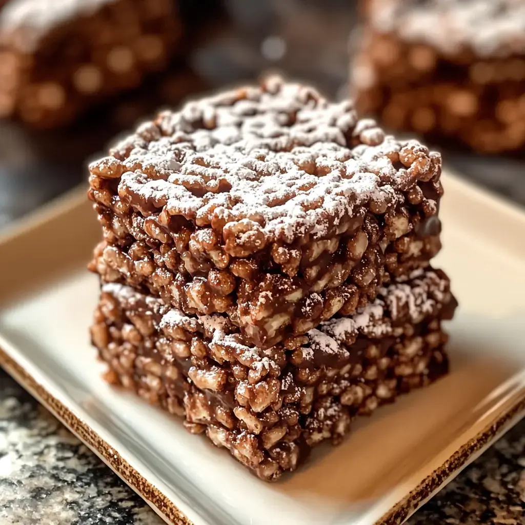 Deux couches de bouchées croustillantes au chocolat saupoudrées de sucre glace sur une assiette.