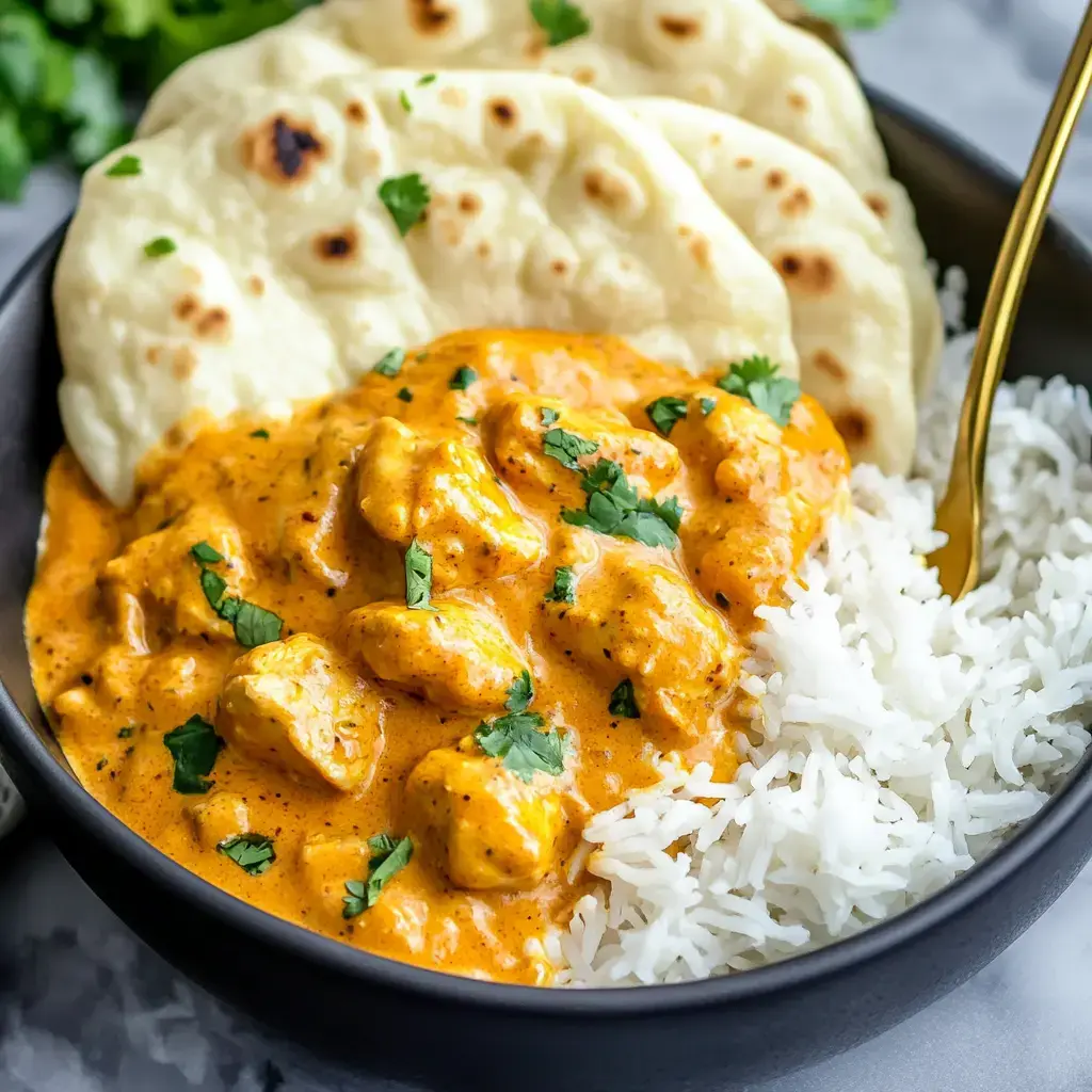 Un bol de poulet au beurre accompagné de riz blanc vapeur et de naan, garni de coriandre fraîche.