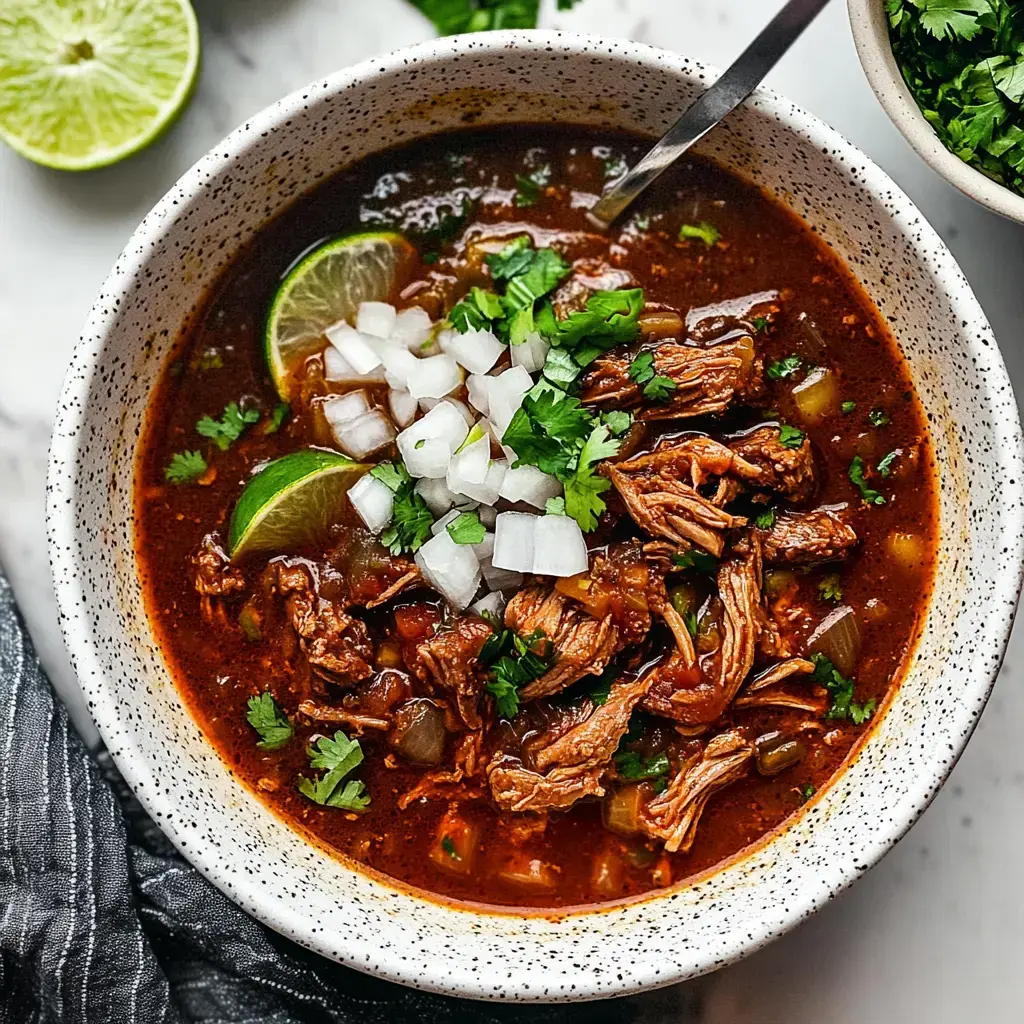 Un bol de ragoût de boeuf généreux garni d'oignons coupés, de coriandre fraîche et de quartiers de lime, baigné dans un bouillon sombre.