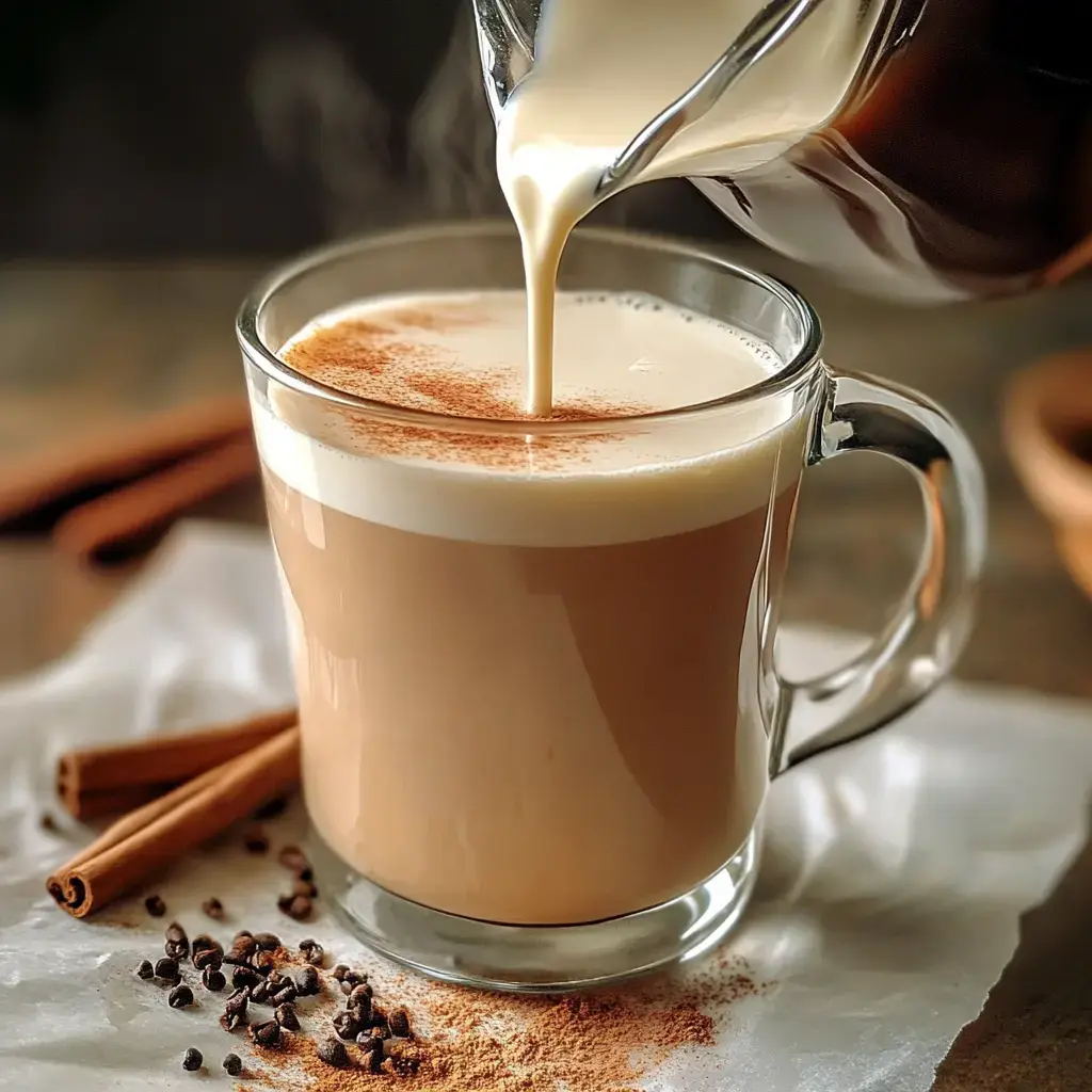 Un verre de café crémeux est versé, saupoudré de cannelle, avec des bâtons de cannelle et des grains de café posés à côté.