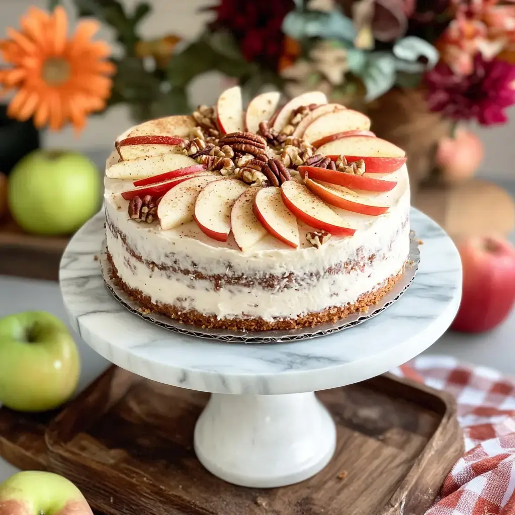Un superbe gâteau décoré de tranches de pomme et de noix de pécan repose sur un présentoir en marbre, entouré de pommes fraîches et fleurs colorées.