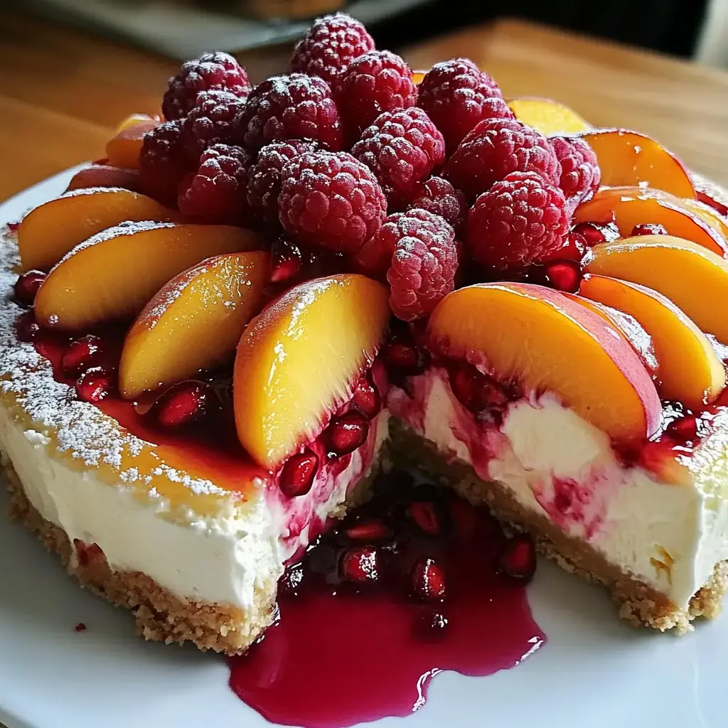Un cheesecake crémeux garni de framboises, tranches de pêches et graines de grenade, avec une part déjà coupée.
