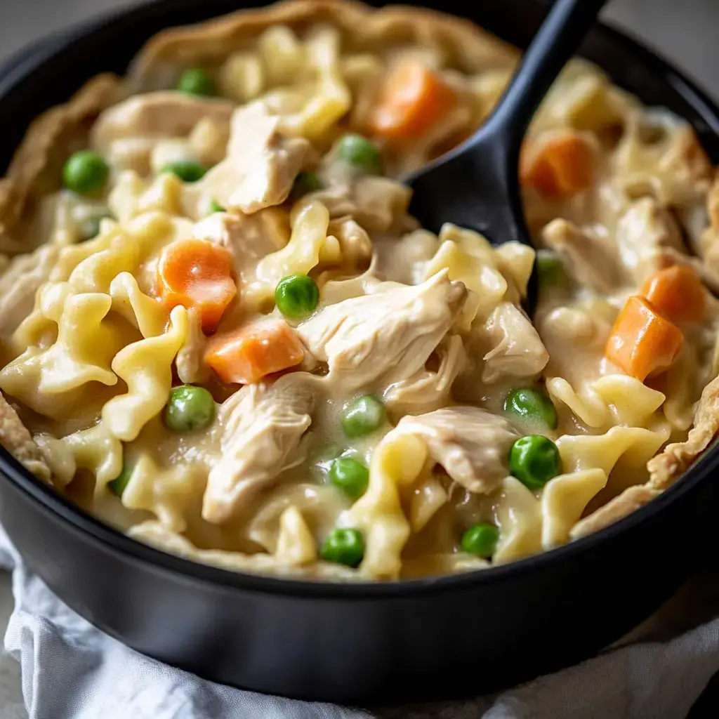 Un gros plan d'un bol rempli de pâtes crémeuses au poulet, avec des morceaux de poulet, des petits pois et des carottes coupées en dés.