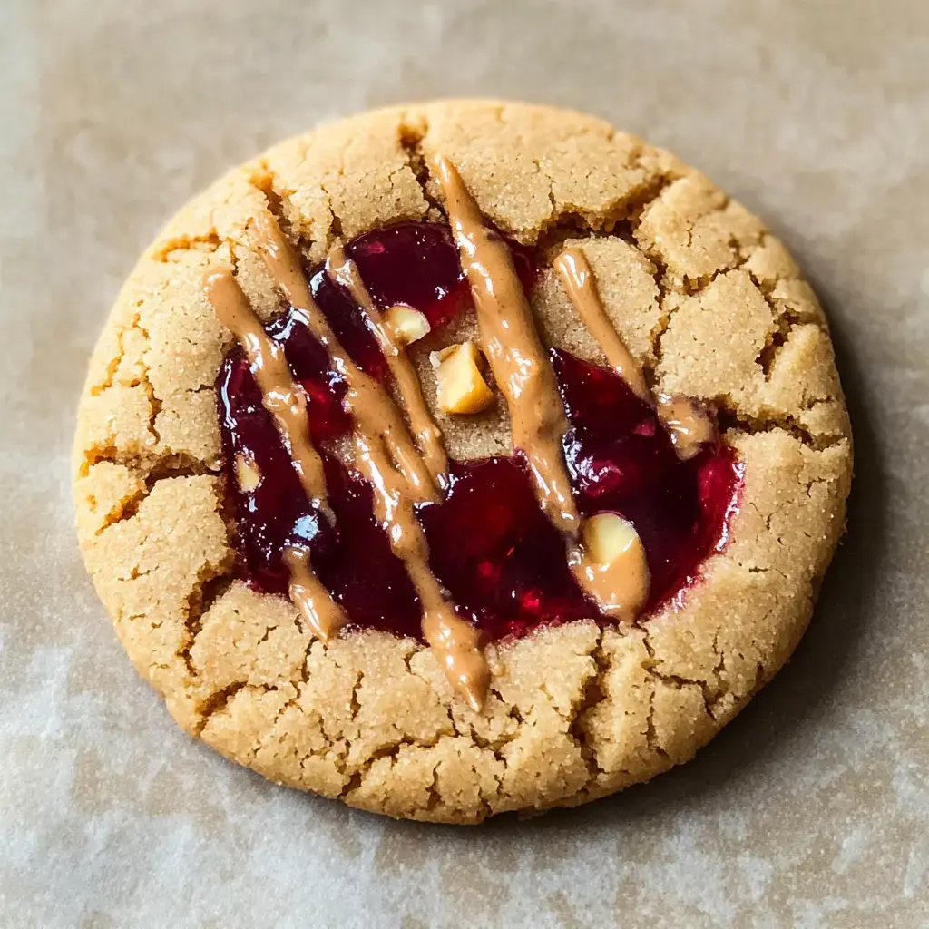 Un plan rapproché d'un biscuit au beurre de cacahuètes surmonté de confiture et de filets de beurre fondu.
